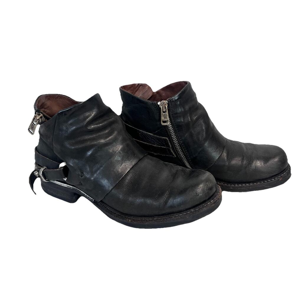 AS98 Western Booties Boots Biker sz 38 7.5/8 Black Leather Silver Studs Zippers